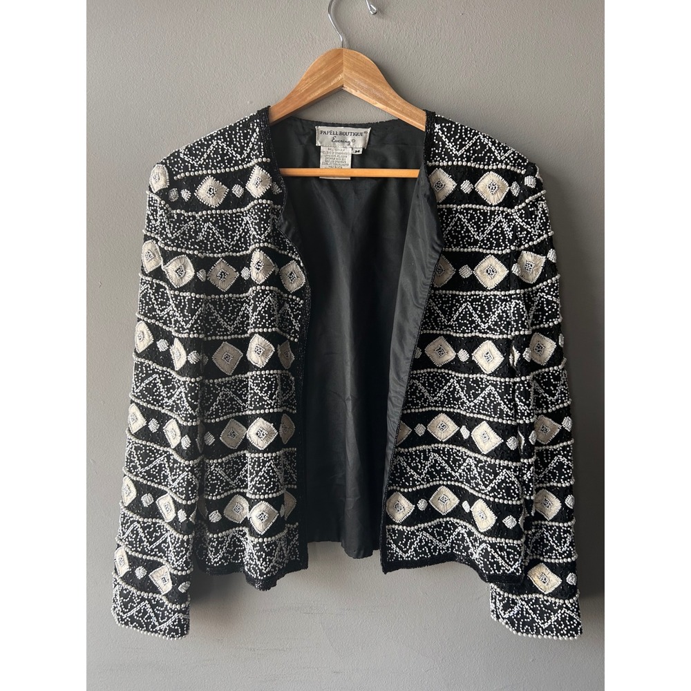 Papell Boutique Evening Vintage Silk‎ Beaded Embroidered Jacket Black White M